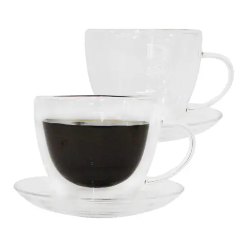 Juego de 6 Tazas doble forro con plato de cristal de 9×8.5/9×1.3cm