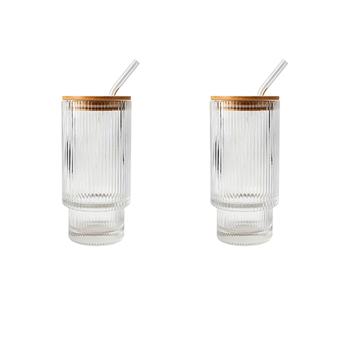 Juego de 2 vasos de vidrio con tapa de bambú de 450ml de 7.6×15.8cm