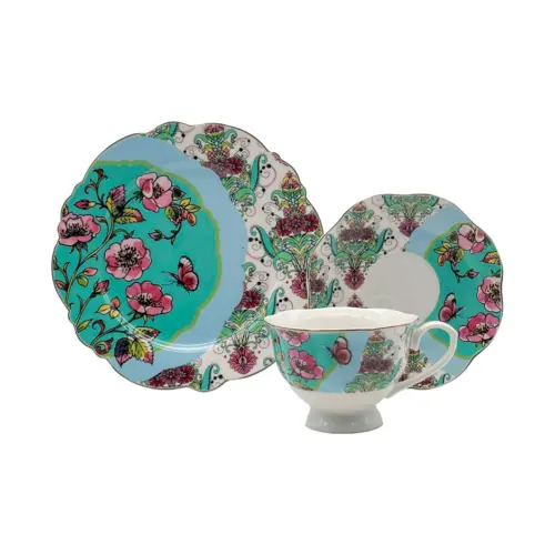 Juego de tè de 3 piezas de porcelana verde diseño floral con orilla dorada de 20cm