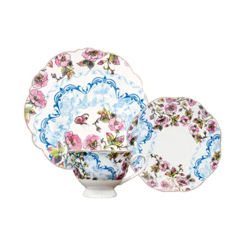 Juego de tè de 3 piezas de porcelana blanca con azul diseño floral con orilla dorada de 20cm
