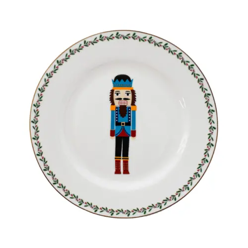 Plato de ceramica blanco diseño cascanueces azul con muerdago en la orilla de 19.5cm