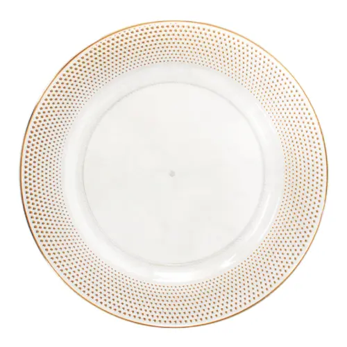 Plato de presentación de plástico transparente con orilla dorada de 33x33x1.5cm