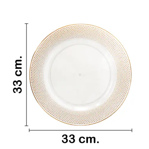 Plato de presentación de plástico transparente con orilla dorada de 33x33x1.5cm