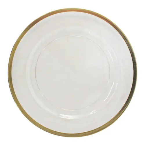 Plato de presentación de plástico transparente con orilla dorada de 33x33x1.5cm