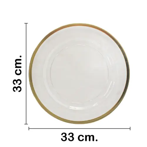 Plato de presentación de plástico transparente con orilla dorada de 33x33x1.5cm