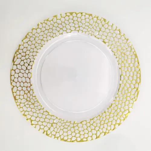 Plato de presentación de plástico transparente diseño panal con orilla dorada de 33x33x1.5cm