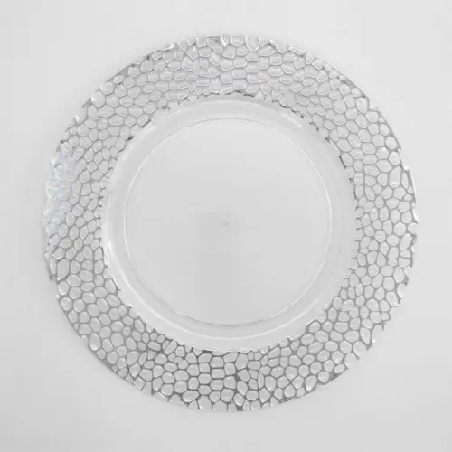 Plato de presentación de plástico transparente diseño panal con orilla plateada de 33x33x1.5cm