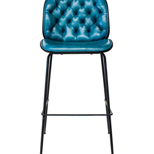 Silla de polipiel para bar azul con patas de metal
