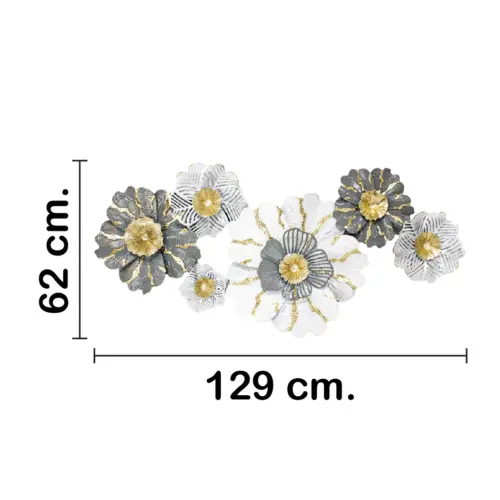 Cuadro de metal diseño flores blanco con dorado y gris de 131.4×64.1×9.5cm