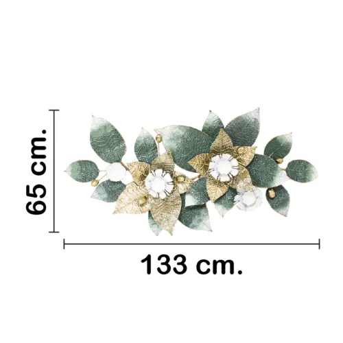 Cuadro de metal diseño flores doradas y hojas verdes de 134.0×67.3×8.9cm