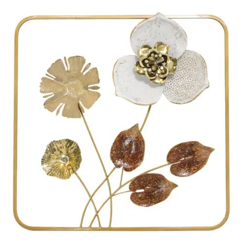 Cuadro de metal diseño flores blancas y marrón con dorado de 50.2×50.2×4.4cm