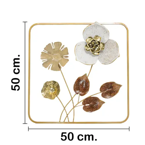 Cuadro de metal diseño flores blancas y marrón con dorado de 50.2×50.2×4.4cm
