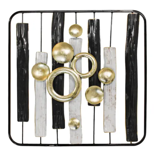 Cuadro de metal diseño barras negras y blancas con circulos dorados de 50.2×50.2×4.4cm