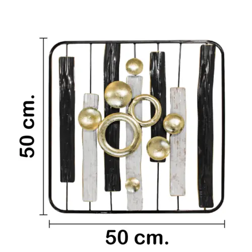 Cuadro de metal diseño barras negras y blancas con circulos dorados de 50.2×50.2×4.4cm