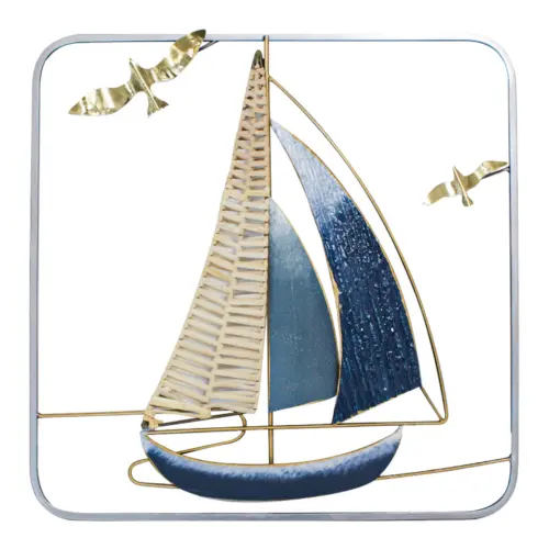 Cuadro de metal diseño velero azul con aves doradas de 50.2×50.2×2.5cm