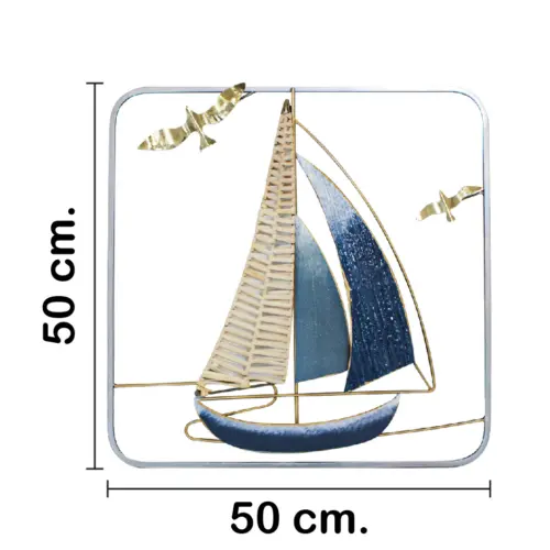 Cuadro de metal diseño velero azul con aves doradas de 50.2×50.2×2.5cm