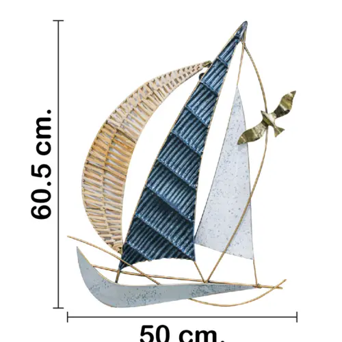 Cuadro de metal diseño velero azul con ave dorada de 47.6×62.9×3.8cm