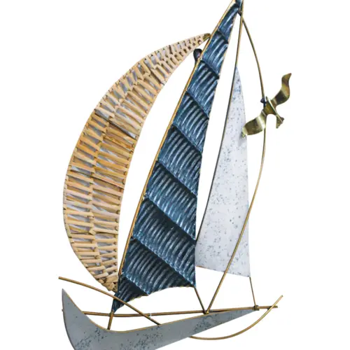 Cuadro de metal diseño velero azul con ave dorada de 47.6×62.9×3.8cm