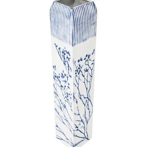 Florero de metal con ramas blanco con azul de 11.4×11.4×61.6cm