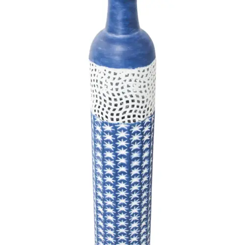 Florero de metal calado azul con blanco de 14.0×69.9cm