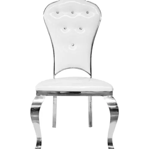 Silla de metal cromada forrada de charol blanco con botones de acrilico de 110x54x60cm