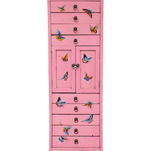 Gabinete de madera con cajones y puertas rosa con estampado mariposas de 45x52x142cm