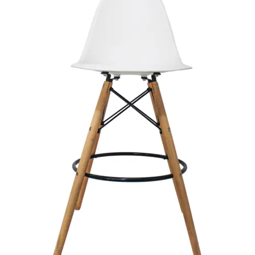 Banco de bar blanco de plastico con patas imitacion madera de 67x46x109cm
