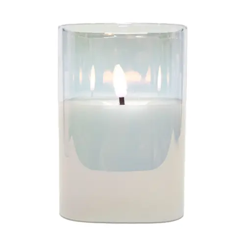 Vela cuadrada en base de vidrio con luz led de 12.5cm (usa baterías AA)