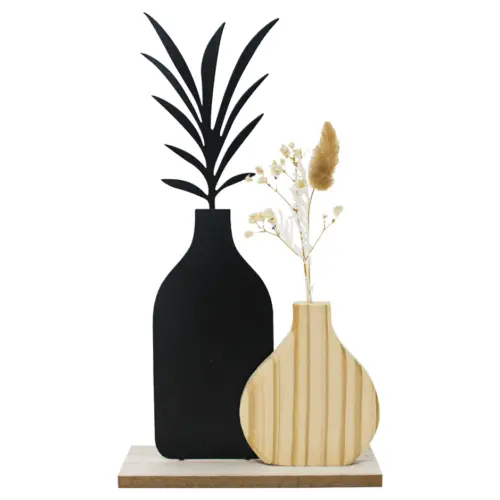 Floreros de madera negro y natural en base de madera de 16x6x29.5cm
