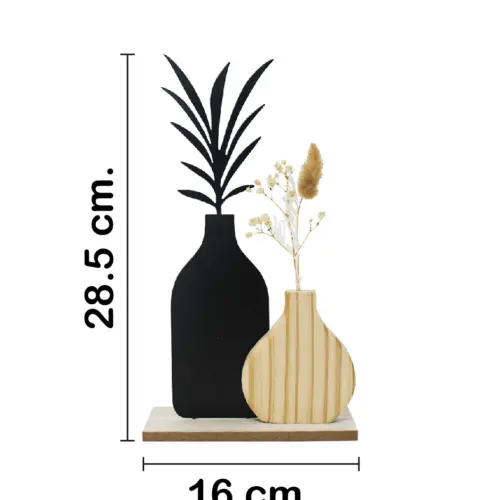 Floreros de madera negro y natural en base de madera de 16x6x29.5cm