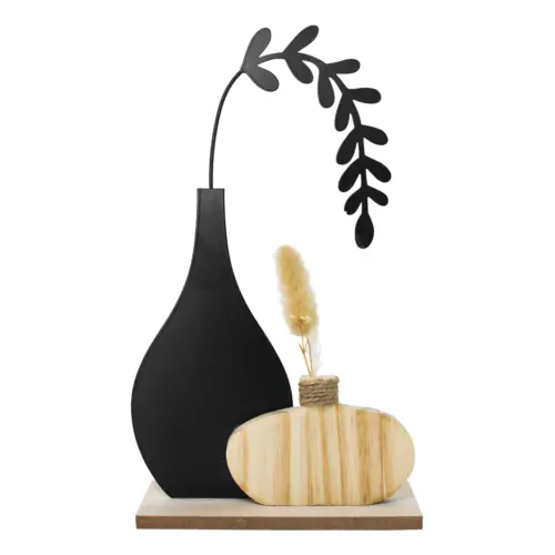 Floreros de madera negro y natural en base de madera de 16x6x28.5cm