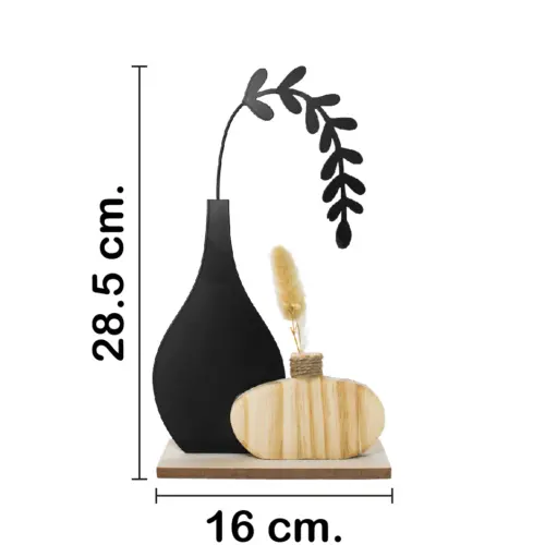 Floreros de madera negro y natural en base de madera de 16x6x28.5cm