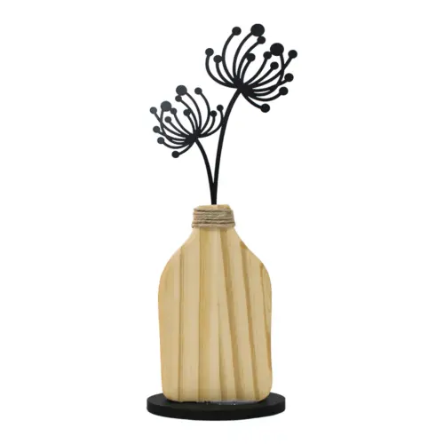 Florero de madera natural con flor negra en base de 10x4x27.5cm
