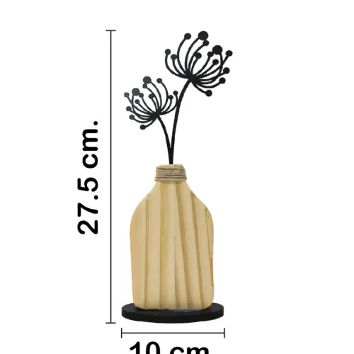 Florero de madera natural con flor negra en base de 10x4x27.5cm