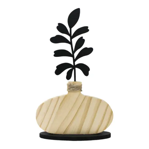 Florero de madera natural con flor negra en base de 15x4x24cm