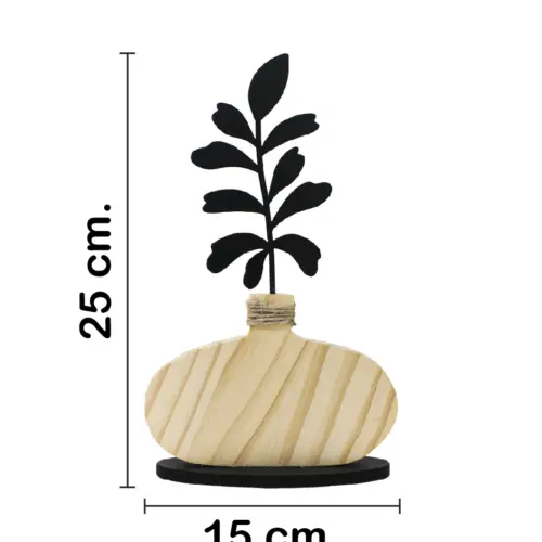 Florero de madera natural con flor negra en base de 15x4x24cm