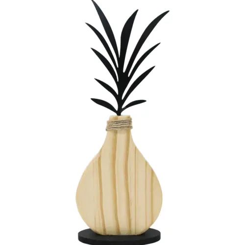 Florero de madera natural con flor negra en base de 10x4x27.5cm