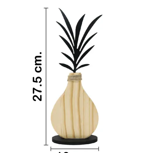 Florero de madera natural con flor negra en base de 10x4x27.5cm