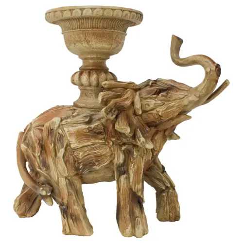 Elefante de poliresina con portavelas imitacion madera de  28x14x26cm