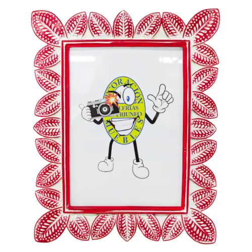 Portarretrato de poliresina diseño hojas rojo con blanco de 19x2x24.5cm