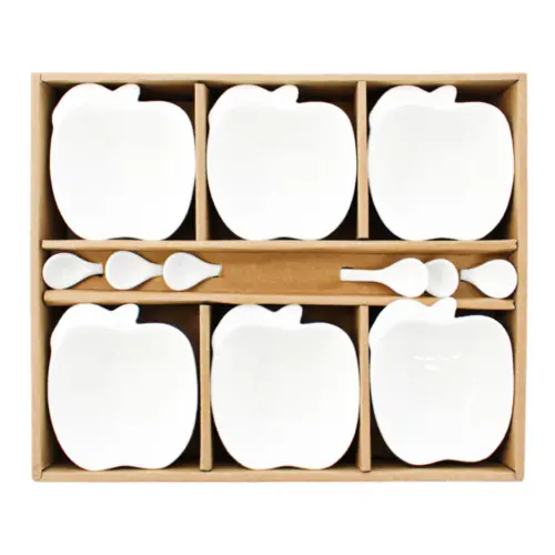 Juego de 6 tazones diseño manzana con 6 cucharas de porcelana blanca