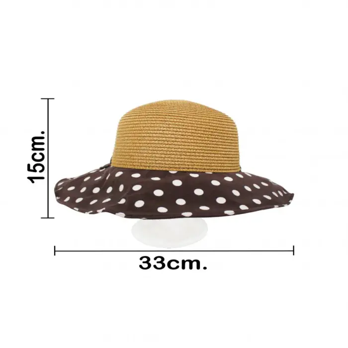 Sombrero tejido café con olan de tela cafe con puntos blancos de 33x33x12cm - Image 4