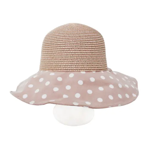 Sombrero tejido rosa con olan de tela rosa con puntos blancos de 33x33x12cm