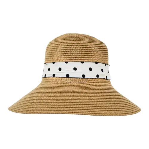 Sombrero tejido caqui con liston blanco y puntos de 31x32x14cm