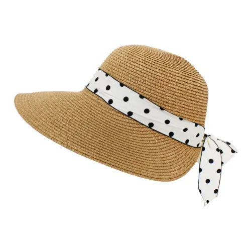 Sombrero tejido caqui con liston blanco y puntos de 31x32x14cm