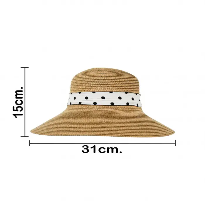 Sombrero tejido caqui con liston blanco y puntos de 31x32x14cm - Image 4