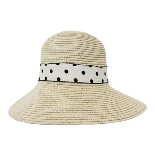 Sombrero tejido beige con liston blanco y puntos de 31x32x14cm