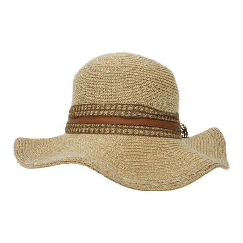 Sombrero tejido beige con listón café de yute de 34x34x13cm