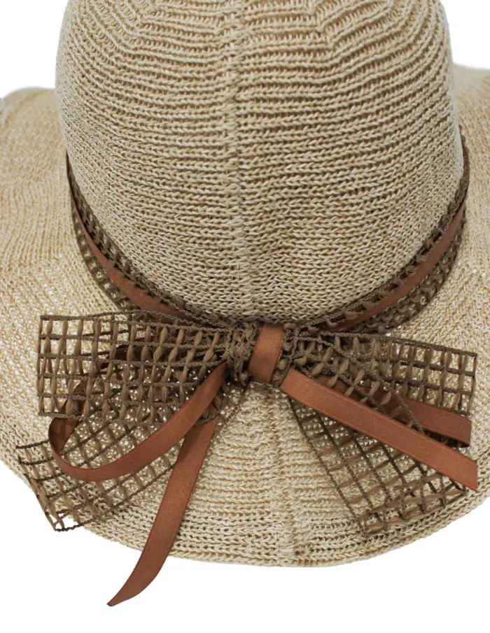 Sombrero tejido beige con listón café de yute de 34x34x13cm - Image 3