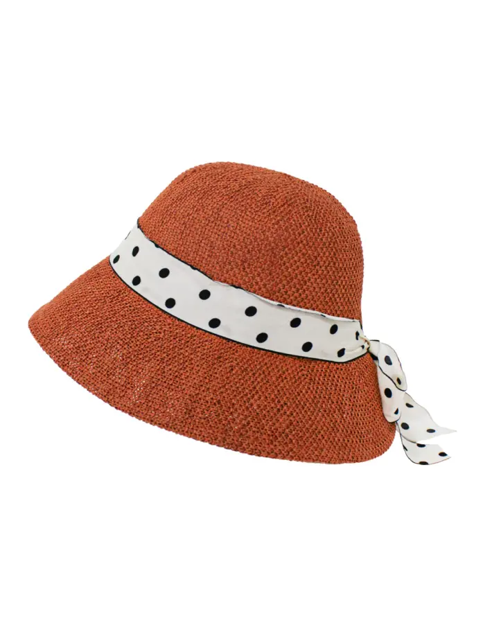 Sombrero tejido naranja con listón blanco y puntos negros de 30x30x15cm - Image 2